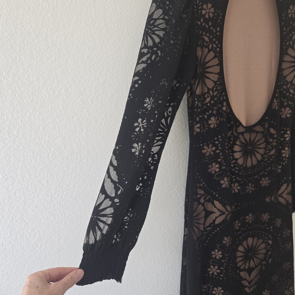 Farm Rio Anthropologie Dress XS Black Open Back Floral Midi Whimsy Goth Illusion - Picture 7 of 14